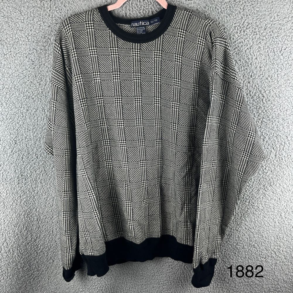 Nautica Houndstooth Gray/Black Sweater Pullover Crewneck Long Sleeve Classic XL
